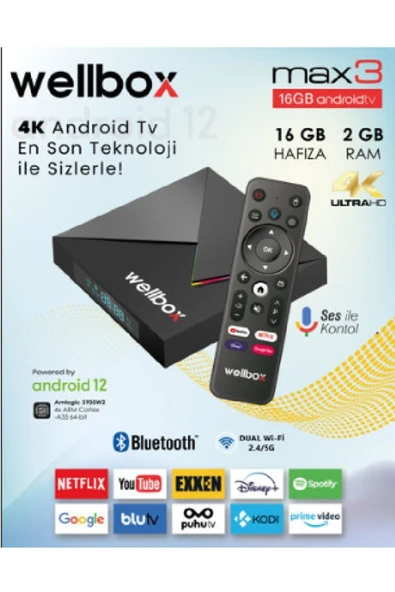 wellbox MAX 3 4K Android TV Box Free İP DEsteği Wifi Ethernet İle Bağlantı 16 GB Hafıza 2 GB Ram ürün görseli 1