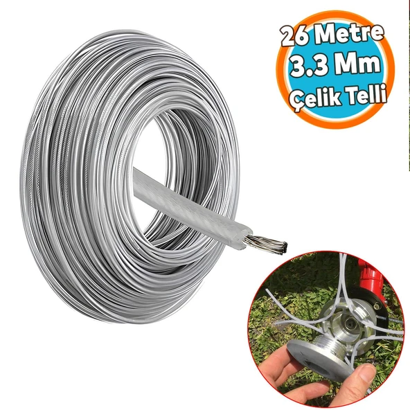 Çelik Telli Motorlu Tırpan Yuvarlak Misina Çim Ot Biçme Teli Güçlü Profesyonel 3.3 mm 26 Metre ürün görseli 1