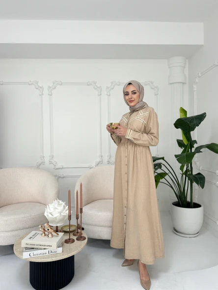 ŞERİT DETAYLI KETEN ELBİSE - Resim 4