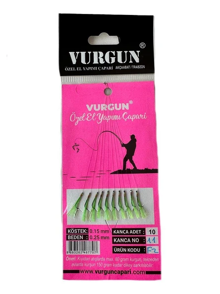 VURGUN 80gr 10 İğneli F2 Kısa Köstek Siyah İğne Yeşil Organze Çapari ürün görseli 1