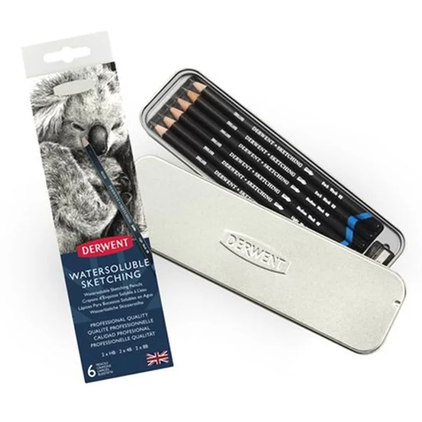 Derwent Watersoluble Sketching Suda Çözünebilen 6lı Kalem Seti Metal Kutu ürün görseli 1