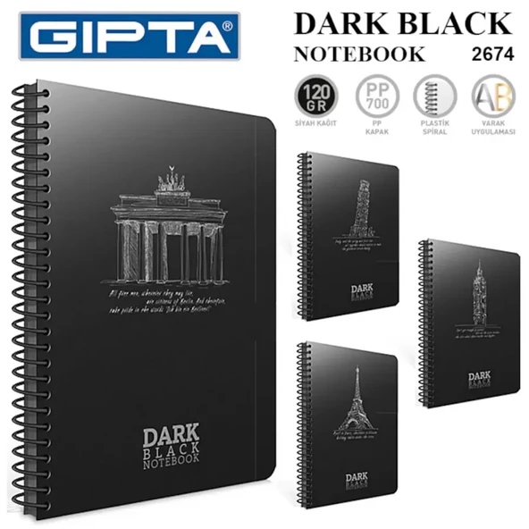 GIPTA DARK SPİRALLİ SİYAH DEFTER A4 DÜZ 50 YAPRAK (2672) ürün görseli 1