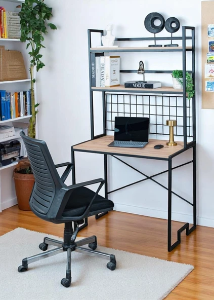 DEKORATİF 2 RAFLI METAL ÇALIŞMA MASASI AHŞAP RAFLI KİTAPLIK BİLGİSAYAR VE LAPTOP MASASI ürün görseli 1