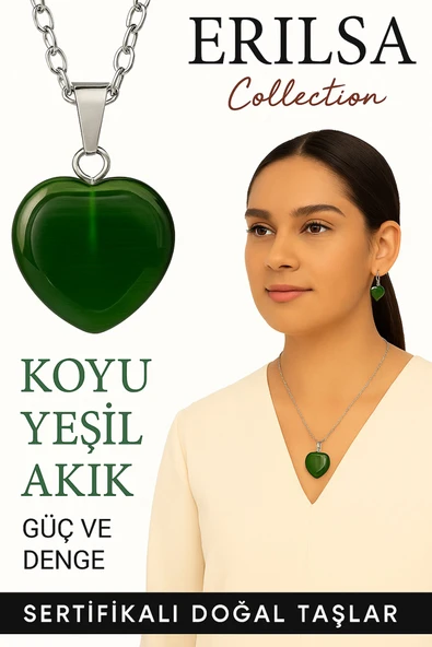Sertifikalı Kalp Model Koyu Yeşil Akik Taşı Kolye – Denge, Koruma ve Ruhsal Güç Sembolü ürün görseli 1