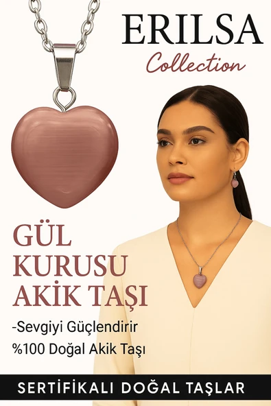 Sertifikalı Kalp Model Gül Kurusu Akik Taşı Kolye – Duygusal Huzur ve İçsel Güç Kaynağı ürün görseli 1