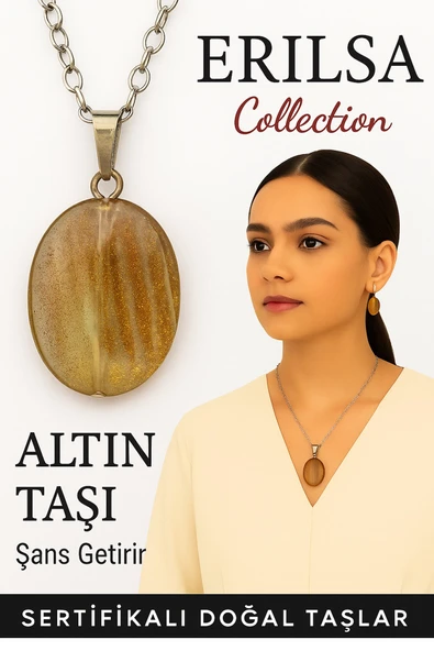 Sertifikalı Oval Model Altın Taşı Kolye (Gold Stone) – Işıltılı Enerji, Cesaret ve Hedef Odaklılık ürün görseli 1