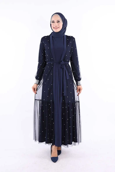İncili Abaya Ve Elbise Takım 8491 Lacivert ürün görseli 1