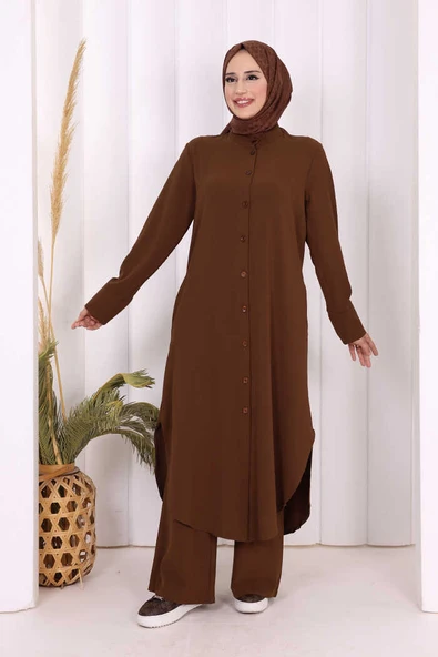 Düğmeli Cepli Tunik ve Pantolon İkili Takım 8682 Kahverengi ürün görseli 1