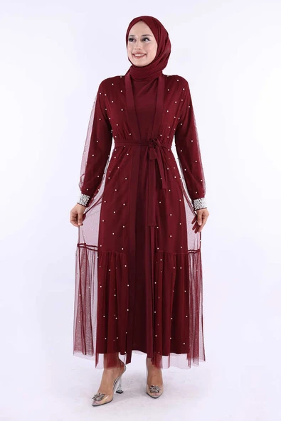 İncili Abaya Ve Elbise Takım 8491 Bordo ürün görseli 1