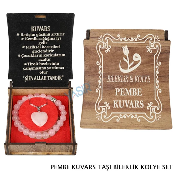 KUTULU KOLYE BİLEKLİK SETİ PEMBE KUVARS ürün görseli 1