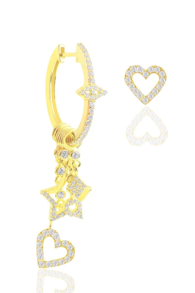 Gümüş Altın Yaldızlı Zirkon Taşlı Kalp Modeli Şans Küpe SGTL12390GOLD ürün görseli 1