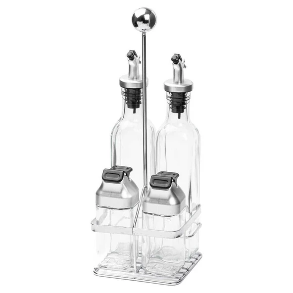 Tantitoni Metal Standlı 4lü Cam Sosluk Seti - Gri Kapaklı 170ml/80ml ürün görseli 1