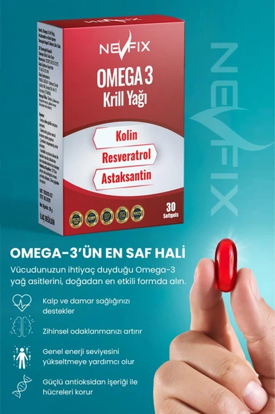 Nevfix Krill Yağ 30 Softgel Kolin Resveratrol Astaksantin Fosfolipidler ürün görseli 1