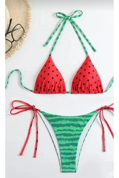 REDB Üçgen bikini moda bağcıklı sevimli detaylı baskı Bikini mayo - Resim 3