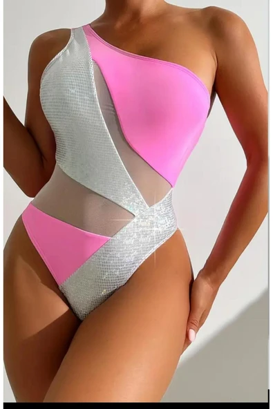 PİNK Yeni Şık Pembe Tek Parça Kadın Mayo, Batı Stiliyle Parlak Dopamin Patchwork'e Sahip ürün görseli 1