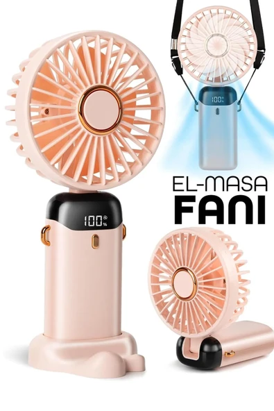 LCD Ekranlı Şarjlı El Fanı Mini Vantilatör 5 Kademe Sessiz Boyun Askılı Pembe Fan ürün görseli 1