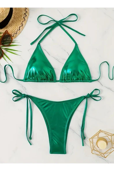 Oceana Kadınlar için Şık Yeşil Halter Bikini Takımı - Yüksek Esneklik, Arka Bağlama Tasarımı, Yan Bağlar ürün görseli 1