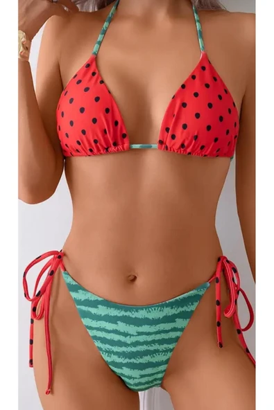 REDB Üçgen bikini moda bağcıklı sevimli detaylı baskı Bikini mayo ürün görseli 1