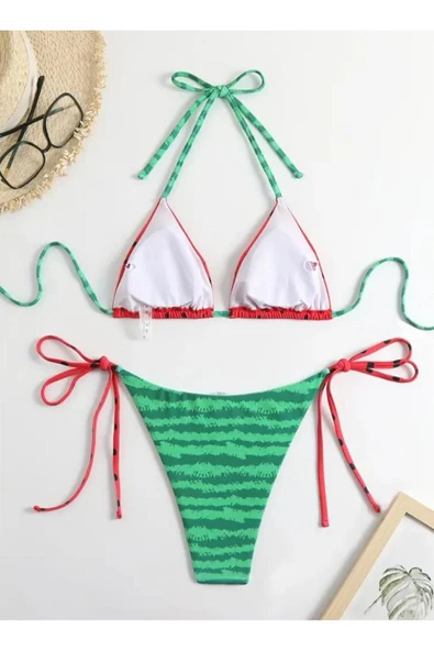 REDB Üçgen bikini moda bağcıklı sevimli detaylı baskı Bikini mayo - Resim 4
