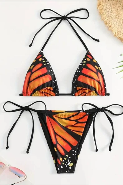 REDB KIRMIZI-SİYAH KELEBEK KANADI DESENLİ İki Parça Baskılı Bikini Mayo ürün görseli 1