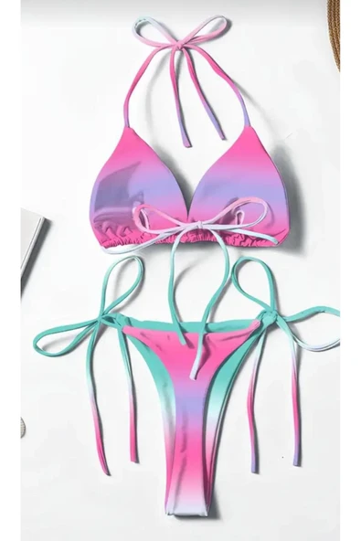 sky Ombre Baskılı Kadın Bikini Takımı Yan Bağlamalı Yüksek Kesim Alt, Esnek Polyester/Elastan Karışımı ürün görseli 1