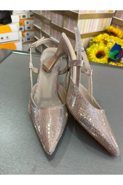 Park Moda EN MODA AÇIK ROSE GOLD 7CM KADEH TOPUK ARKASI AÇIK YAN BANTLI ÇOK RAHAT KADIN ABİYE AYAKKABI ürün görseli 1