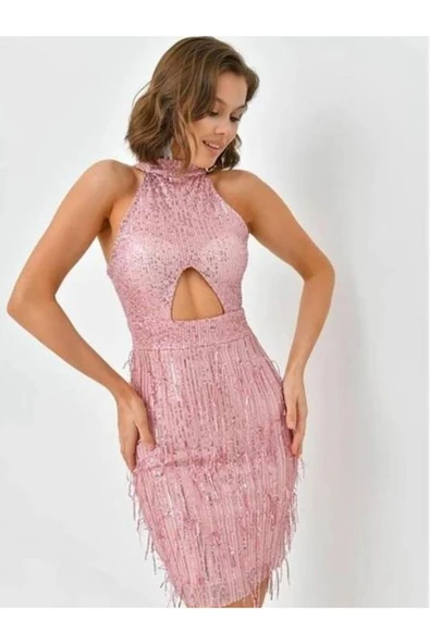 SHE WELLA SADE-ŞIK HARİKA UÇUK PEMBE PULLU ELBİSE BEL PENCERELİ ürün görseli 1