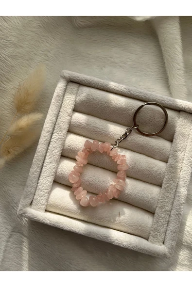 Pembe Kuvars Doğal Taş Gümüş Anahtarlık ürün görseli 1