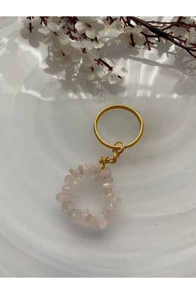 Pembe Kuvars Doğal Taş Altın Anahtarlık ürün görseli 1