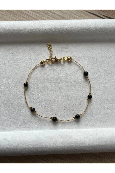 Minimal Gold Obsidyen Taşı Altın Kaplama Bileklik ürün görseli 1
