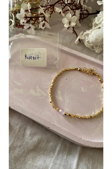 Kunzit Doğal Taş Altın Kaplama Dorika Bileklik ürün görseli 1