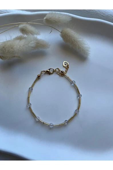 Minimal Kristal Kuvars Taşı Altın Detaylı Model Bileklik ürün görseli 1