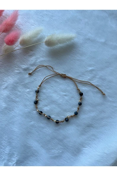 Kar Obsidyen taşı minimal altın dorika bileklik & halhal ürün görseli 1