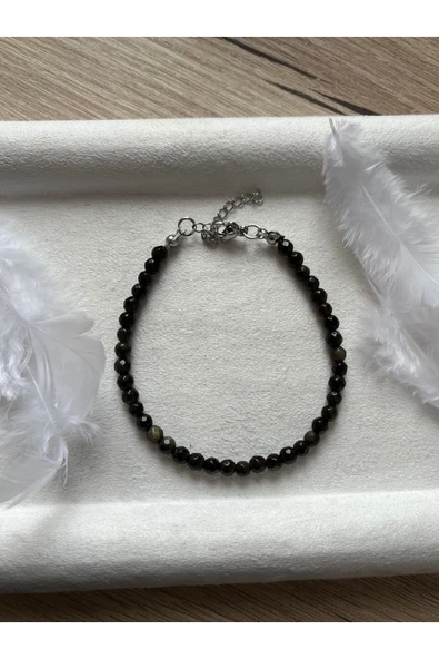 Minimal Gold Obsidyen Taşı Çelik Aparatlı Bileklik ürün görseli 1