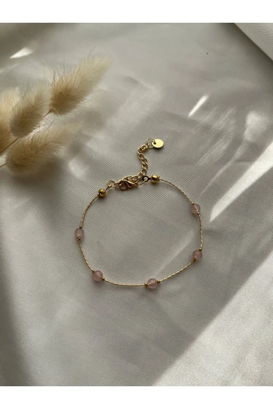 Pembe kuvars minimal altın kaplama doğal taş tasarım el yapımı bileklik ürün görseli 1