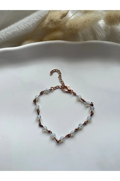 Minimal Opal Taşı Bakır Rose Zincir Bileklik ürün görseli 1