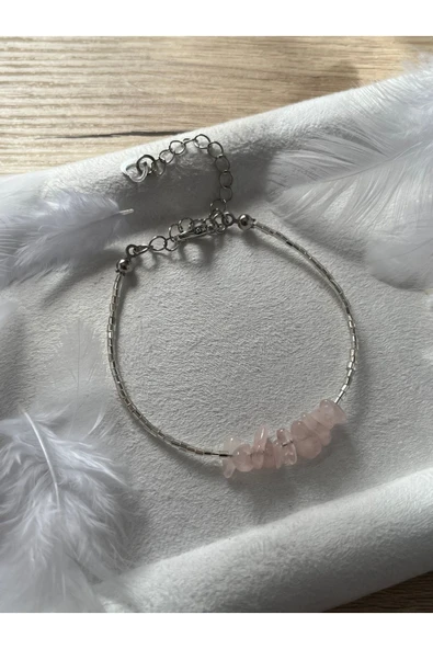 Pembe kuvars doğal taş gümüş boncuklu minimal bileklik ürün görseli 1