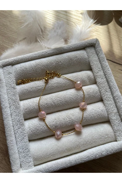 8 mm pembe kristal altın kaplama bileklik ürün görseli 1