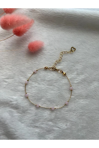 Pembe kristal minimal altın kaplama tasarım bileklik ürün görseli 1