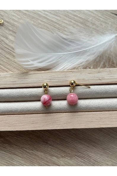8 mm Pembe Opal Taşı Altın Kaplama Top Küpe ürün görseli 1