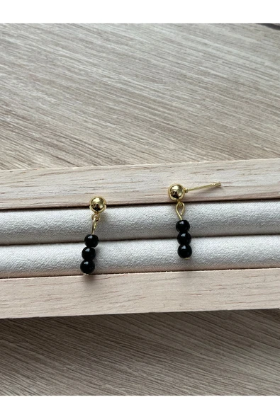Minimal Siyah Akik Taşı Altın Kaplama Top Küpe ürün görseli 1