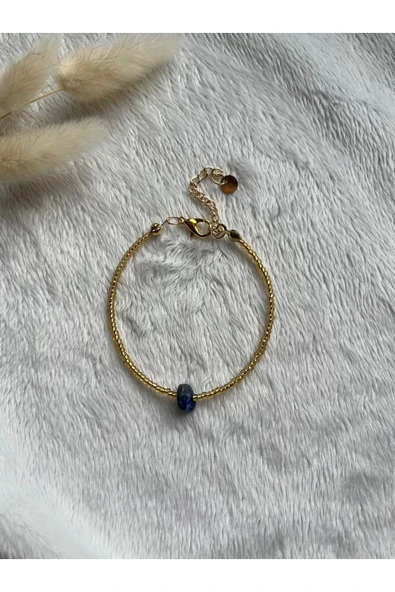 Lapis Lazuli Doğal Taş Altın Detaylı Bileklik Minimal ürün görseli 1