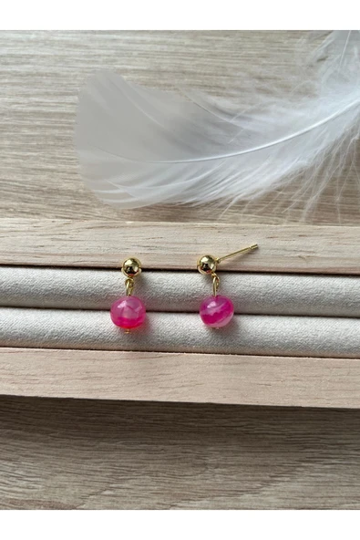 8 mm Pembe Akik Altın Kaplama Top Küpe ürün görseli 1