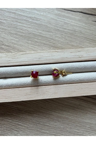 Pembe Akik Taşı Altın Kaplama Top Küpe El Yapımı ürün görseli 1