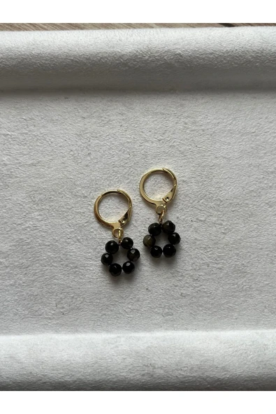 Minimal Gold Obsidyen Taşı Altın Kaplama Halka Küpe ürün görseli 1