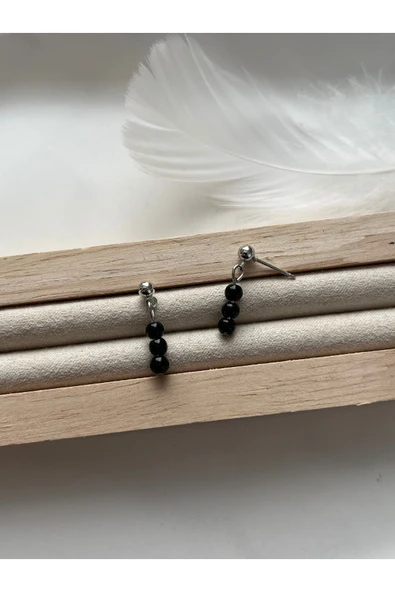 Minimal Siyah Akik Taşı Gümüş Kaplama Top Küpe ürün görseli 1