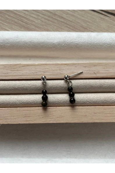 minimal gold obsidyen taşı gümüş kaplama top küpe ürün görseli 1