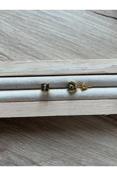 Dumanlı Kuvars Taşı Altın Kaplama Top Küpe El Yapımı ürün görseli 1