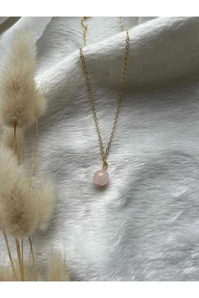 Pembe Kuvars Taşı 8 mm Altın Kaplama Kolye ürün görseli 1