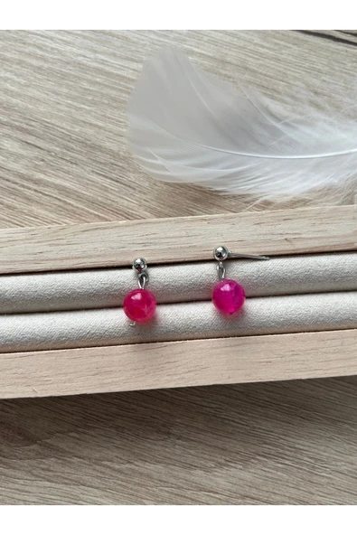 8 mm Pembe Akik Gümüş Kaplama Top Küpe ürün görseli 1